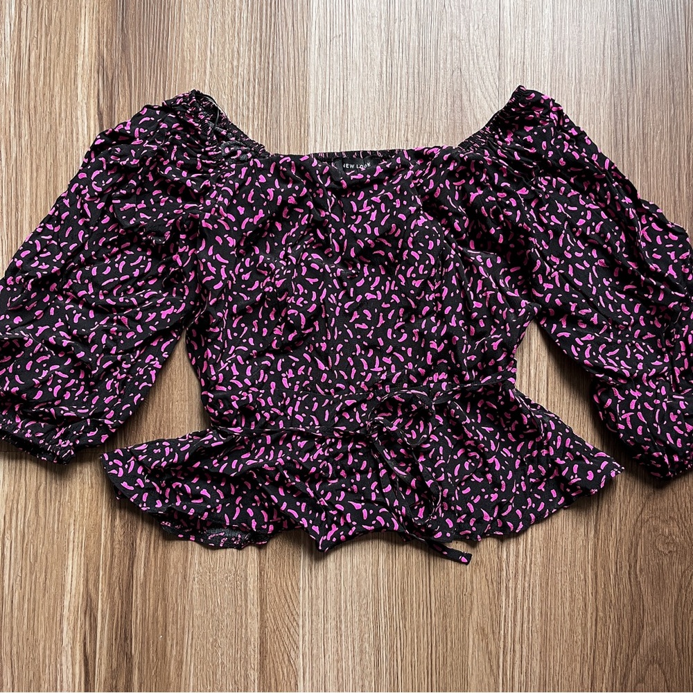New Look Peplum Top in Black and Pink Print in 4